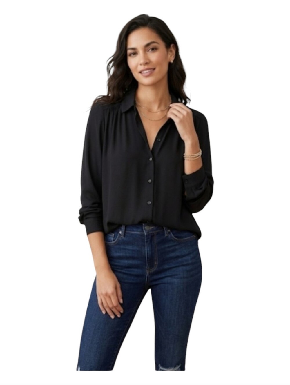 H&M Black Long-Sleeve Semi Sheer Button-Down Shirt Sz L
